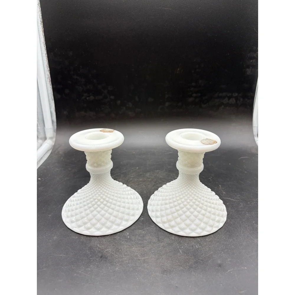Westmoreland Milk Glass English Hobnail Candlestick Holders Set of 2 White Vntg